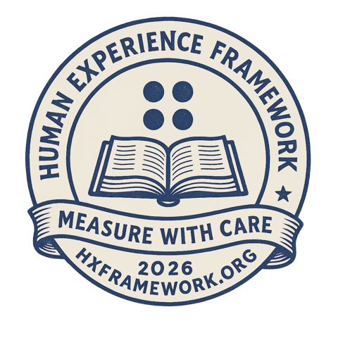 The HX seal — four dots above an open book, Measure with CARE