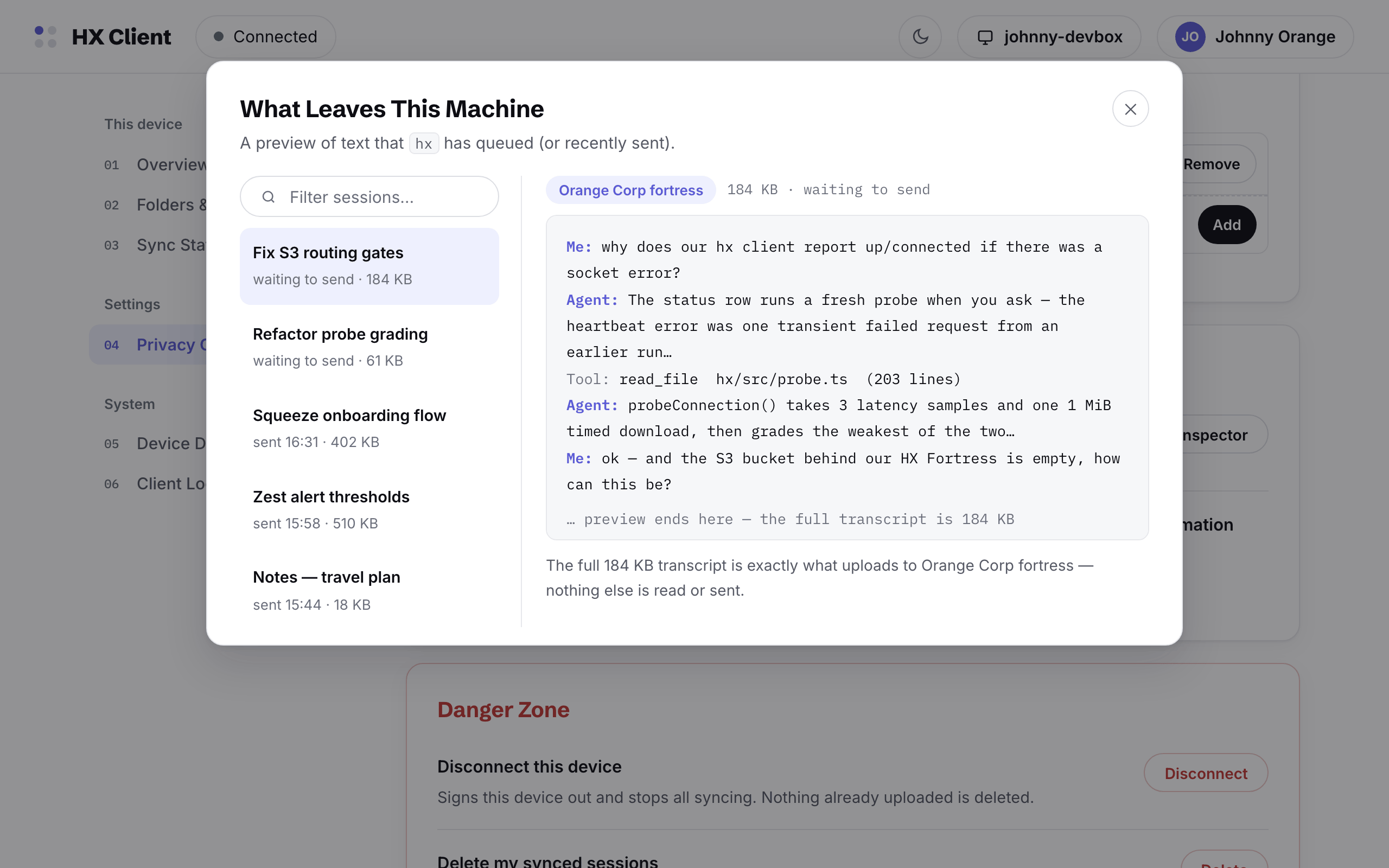 The What Leaves This Machine inspector: queued sessions listed left, and the exact transcript text to be uploaded shown right