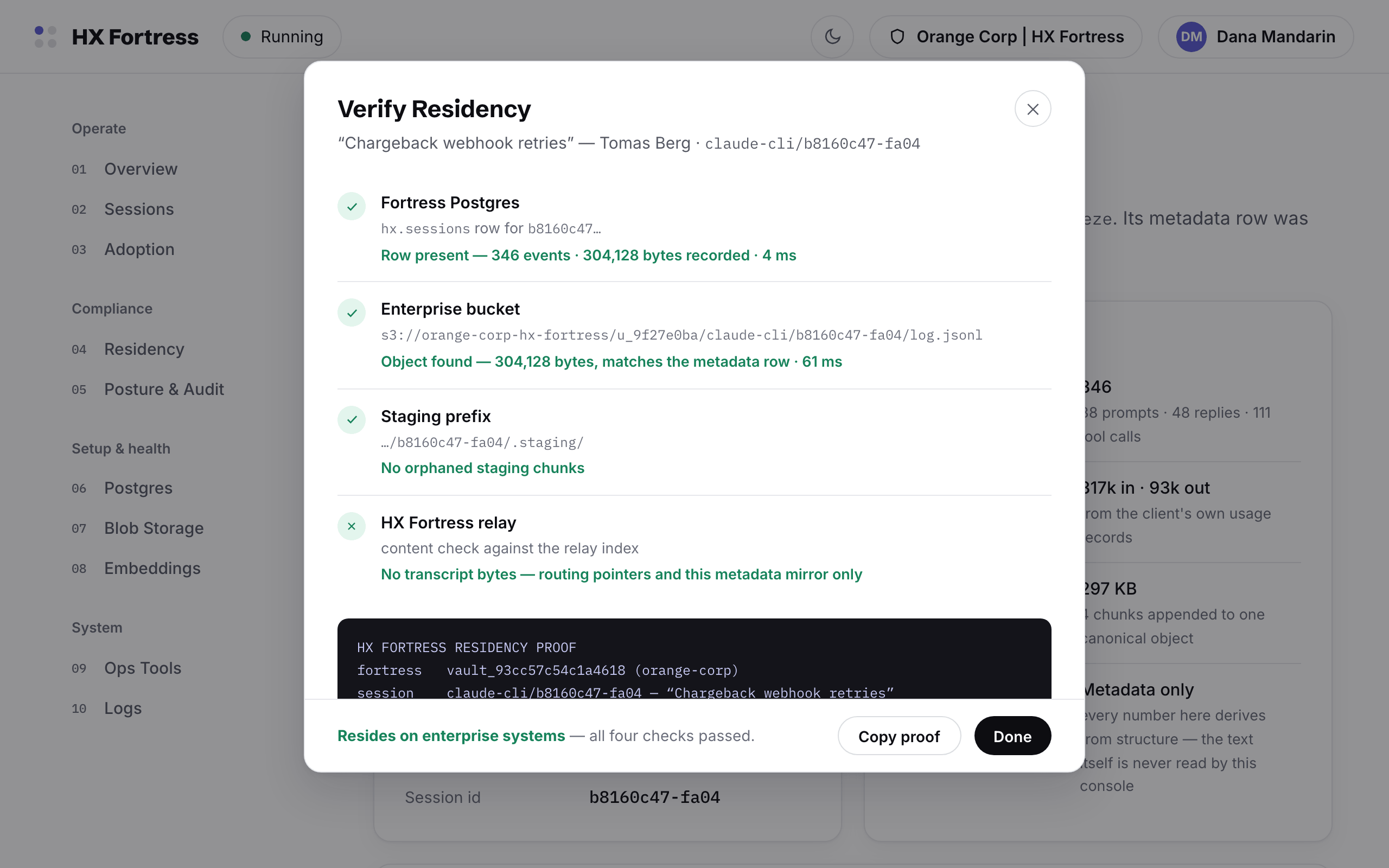 The Verify Residency dialog with all four checks passed and the copyable proof block